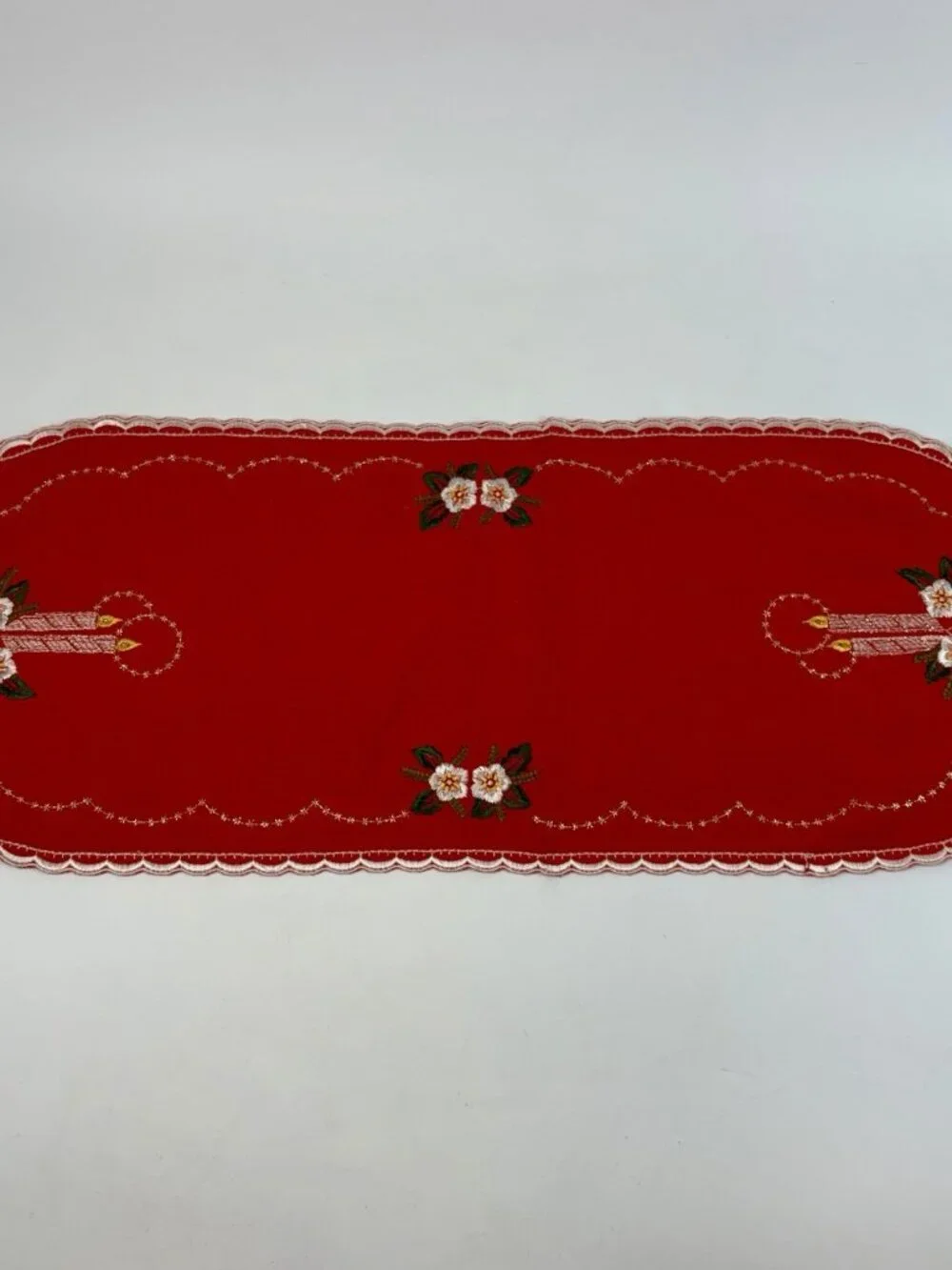 VTG W Germany Red Christmas Table Runner Embroidered Floral Candles Centerpiece